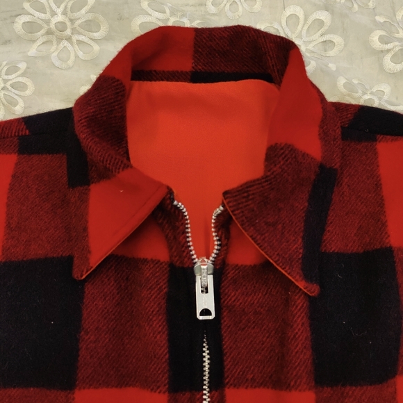 Vintage Woolrich Buffalo Wool Plaid and Acrylic Orange Reversible Jacket, XL - Picture 2 of 16